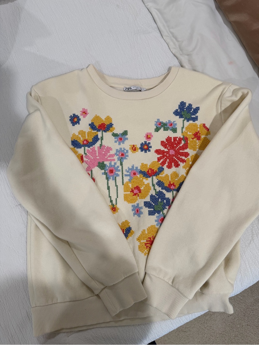 Zara Cream Sweater with Multicolor Floral Cross-Stitch